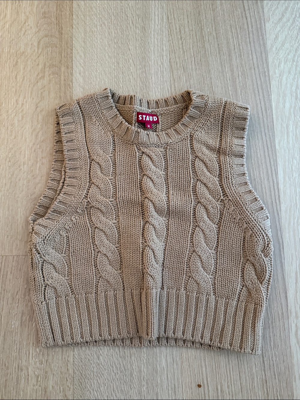 STAUD Crop Cable-Knit Sleeveless Crewneck Vest in Tan - Size M